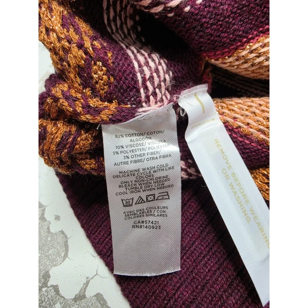 LOFT Scalloped Metallic Sweater Women's XS Burgundy Gold Striped